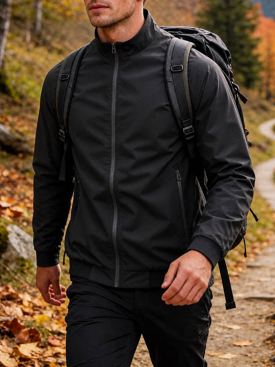 Men's Lightweight Outdoor Jacket With Stand Collar, Side Zipper Pockets, Ribbed Hem, Suitable For Spring/Autumn, Daily Wear, Sports, Travel - Black - View 1