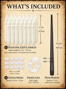 20pcs/12pcs/6pcs Hanging Floating Candles With Magic Wand Remote Control And Hanging Rope, Flying Flameless LED Taper Candles, Warm White Light, Battery Operated Window Candles, Suitable For Halloween Christmas Party Decoration - Multi-tear Magic Candle Lamp - View 3
