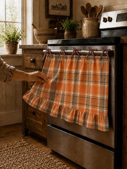 1 Piece Fall Plaid Oven Door Curtain, Vintage Farmhouse Style, Warm Orange‑Brown Tone Polyester Checkered Fabric With Bow Tie Top & Ruffled Hem, Short Decorative Oven Cover For Kitchen Stove Door, Rustic Autumn Home Kitchen Counter Decor