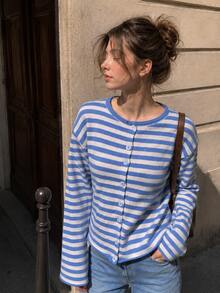 Women's Striped Knit Cardigan, Long Sleeve Round Neck Button-Front Top, Drop Shoulder Regular Hem, Medium Stretch For Spring Outfits - Multicolor - View 2
