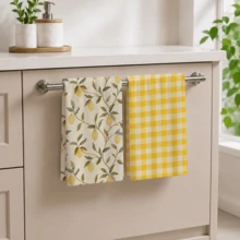2pcs Lemon Plant Pattern Kitchen Towel Set, Fresh Country Style Rectangular Towels, Single-Sided Printed Design With Yellow Lemon And Green Leaf Pattern, Paired With Bright Yellow Plaid Elements, Suitable For Kitchen Oven Hanging, Dish Washing, Daily Home Decor, All Seasons And Holiday Celebration Scenes - Multicolor - View 9