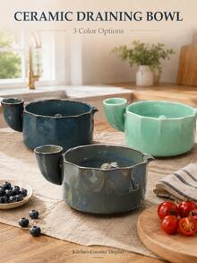 1/2pcs The Berry Swirl Ceramic Fruit Washing Bowl, Vortex Water Flow Side Inlet Design, Multi-Functional Strawberry, Blueberry And Small Fruit Colander, Quick Drainage Kitchen Strainer, Durable Ceramic Berry Washing Bowl, Suitable For Daily Home Food Preparation - Celadon Drain Bowl - View 10