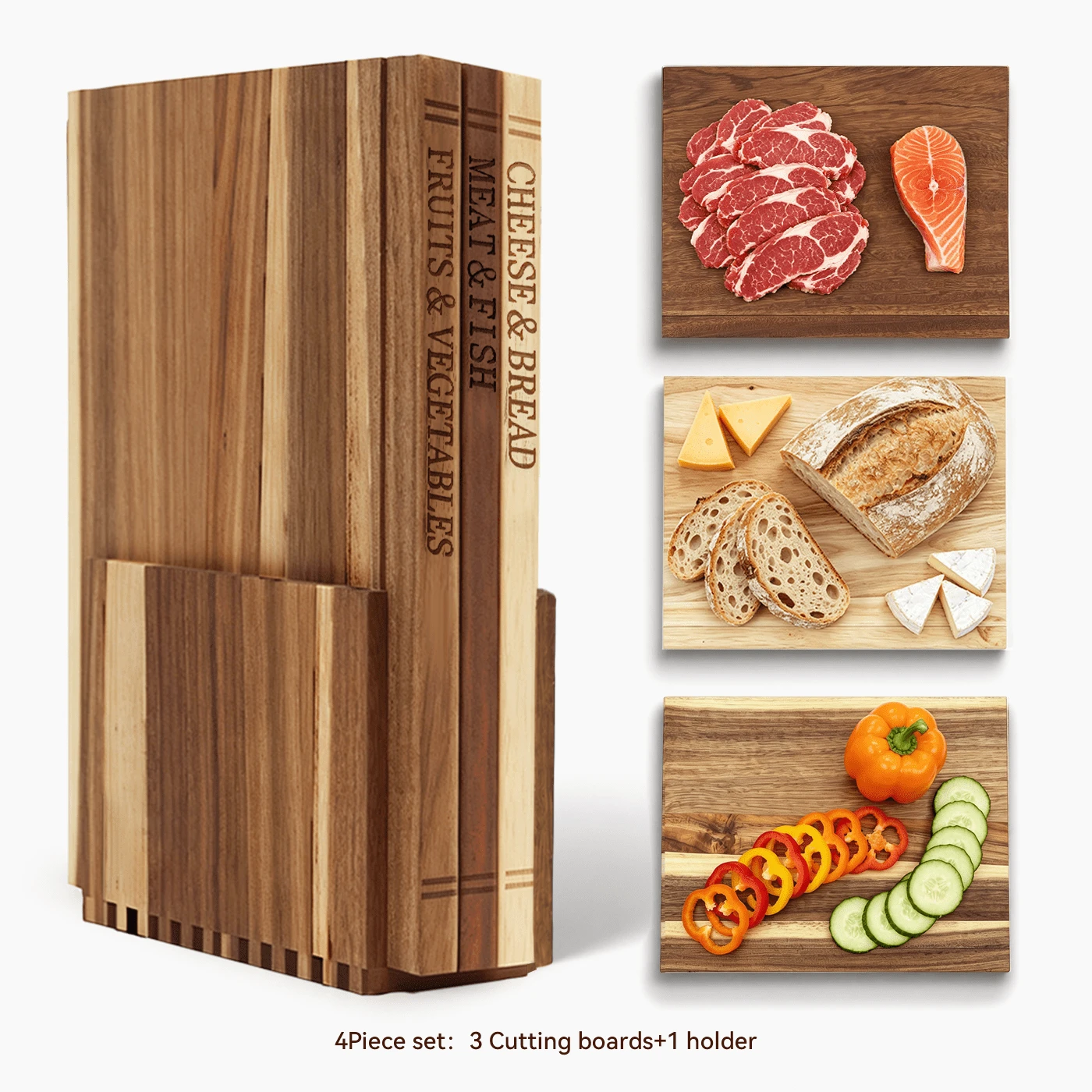 LDQ 4pcs (3pcs Cutting Boards + 1pc Base) Wood Book-style Wooden Chopping Board with Storage Rack- for Kitchen (meat, Fish, Fruits, Vegetables, Bread),wooden Cutting Board,book Cutting Board,Mother's Day Gifts,Cutting Board,Wood Cutting Board Set - 4 Stk. (3 Schneidebretter + 1 Basis) - Übersicht 1