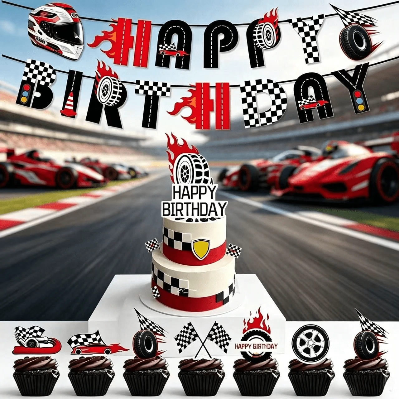 46pcs Racing Theme Birthday Party Decoration Set, Includes 15 Banners, 6 Triangular Flags, 24 Small Triangular Flags And 1 Large Triangular Flag, Suitable For Photo Backdrop, Applicable For Indoor Or Outdoor Birthday Party - B - View 1