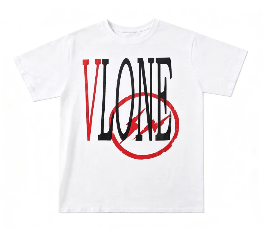 V‑LO‑NE Big Contrast Letter Red Circle Lightning Graphic Print White Men's Oversized T‑Shirt Classic Street Style Sleeve Soft Cotton Campus Tops - 白色 - 查看 1