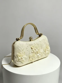1件杏色3D珍珠花亞麻刺繡手提包，布面壓花花卉，金色金屬手柄扣包，婚宴禮服搭配，溫柔優雅風手拿包 - 杏色 - 查看 5