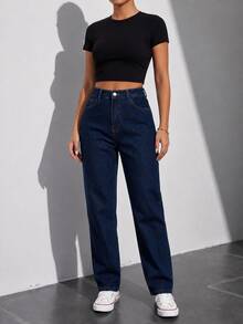 Pantalón Mujer Casual Straight Leg Washed Ripped Raw Hem Tela rígida NO STRETCH Bolsillos Button Zipper Corte Rect Sin Estampado, atemporal uso  Diario - azul oscuro s/d - Ver 1