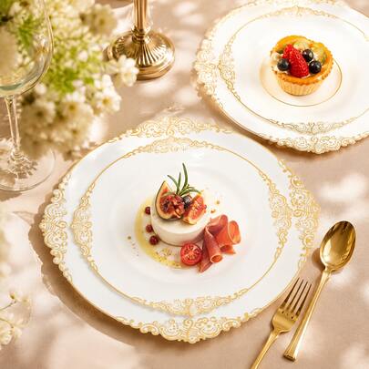 10/20/25pcs 10.25" And 7.5" White Lace Gold Rim Round Dinner Plates, Dessert Salad Plates, Elegant Buffet Tableware For Holidays, Halloween, Christmas, Autumn Harvest Party, Suitable For Host And Guest Celebrations
