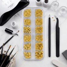 12-Grid Mixed 3D Metal Caviar Beads Nail Art Decoration Set (Stars & Metal Rivets), Cool Punk Y2K Style Rhinestone Nail Art Decor, Suitable For DIY Nail Art & Handmade Decoration - Gold - View 10