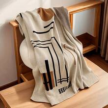 1pc Ultra Soft & Cozy Scandinavian Knit Throw Blanket - Luxurious Striped Design, Suitable For All Seasons, Great For Office Naps, Chilly Nights And Cuddling - Lightweight Acrylic Material, Easy Care, Versatile Use - Beige - View 7