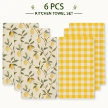 2pcs Lemon Plant Pattern Kitchen Towel Set, Fresh Country Style Rectangular Towels, Single-Sided Printed Design With Yellow Lemon And Green Leaf Pattern, Paired With Bright Yellow Plaid Elements, Suitable For Kitchen Oven Hanging, Dish Washing, Daily Home Decor, All Seasons And Holiday Celebration Scenes - Multicolor - View 13