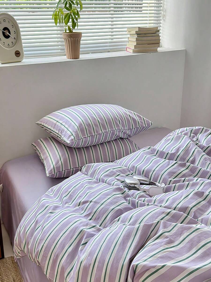 3pcs Japanese Minimalist Purple Striped Print Bedding Set 2 Pillowcases + 1 Duvet Cover Set Combination