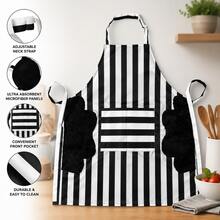 1pc Black & White Striped Erasable Apron With Pockets, Waterproof & Oil-Proof, For Home Kitchen, Baking, Catering - Black - View 1