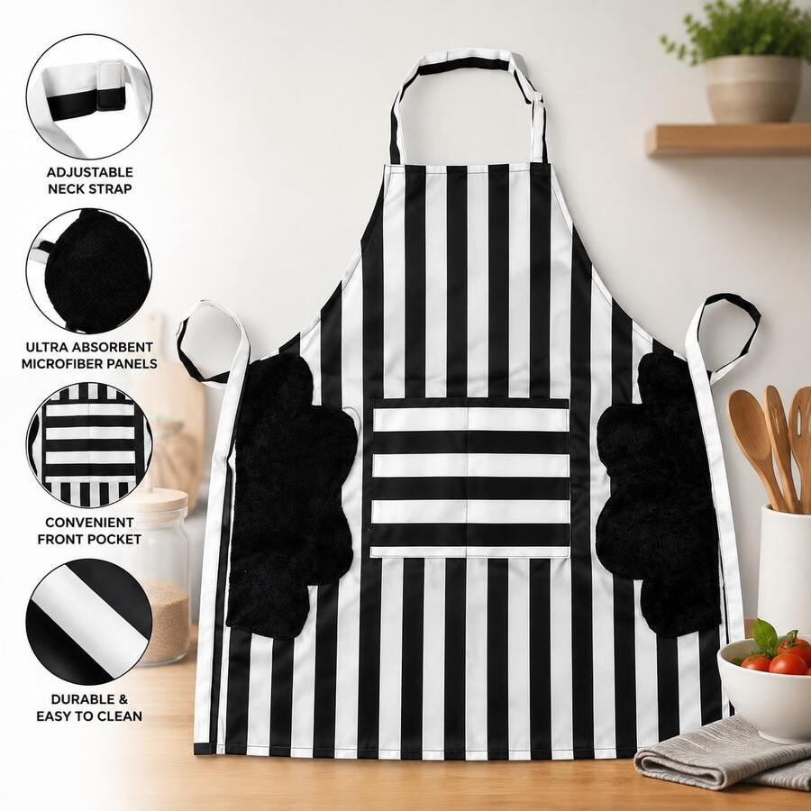 1pc Black & White Striped Erasable Apron With Pockets, Waterproof & Oil-Proof, For Home Kitchen, Baking, Catering - Black - View 1