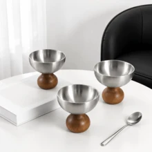1pc Stainless Steel Ice Cream Cup, Dessert Bowl, Round Wooden Base Pudding Cup, Salad Fruit Yogurt Cup, Suitable For Party Use - Silver - View 10