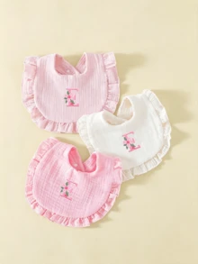 3pcs Soft Comfortable Pure Cotton Crepe 26 Letter Embroidered Ruffle Edge Cute Baby Bibs, Princess Style Lace Design, Suitable For All Seasons, Baby Feeding Drool Bibs - Multicolor - View 20