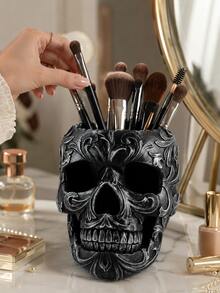 Skull Victorian Gothic Decorative Storage Cylinder | Gothic Bathroom Supplies, Black Desktop Storage Boxes And Accessories | Gothic Halloween Desktop Decoration - 3.35 Inches - A - View 5