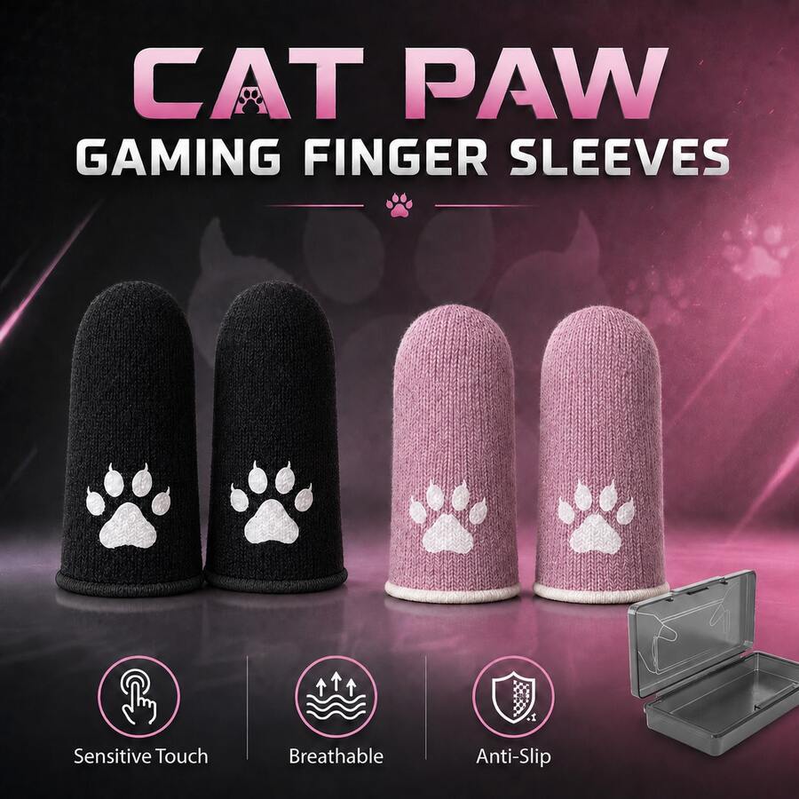 Cat Paw Gaming Finger Sleeves With Storage Case, Cute Paw Pattern Thumb Sleeves, High Sensitivity Breathable Anti-Slip Finger Covers For Mobile Gaming - Pink - View 1