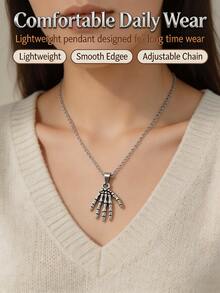 Skeleton Hand Stainless Steel Necklace – Vintage Silver Gothic Claw Pendant For Everyday, Halloween And Dark Style Outfits - Multicolor - View 2