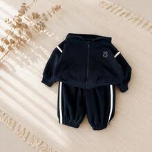 2pcs/Set Unisex Baby Toddler Casual Hooded Zip-Up Rabbit Embroidered Sweatshirt Set, Knitted Fabric, Spring/Autumn - Royal Blue - View 10