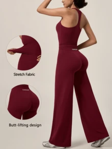 TimeOff Women's One Set Solid Color Racerback Removable Padded Camisole High Waist Wide Leg Pants Sports Set - Red - View 11