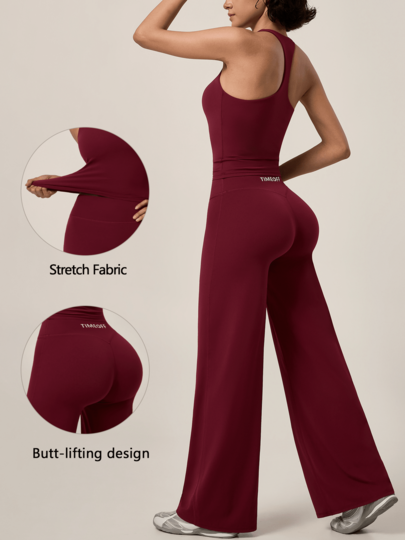TimeOff Women's One Set Solid Color Racerback Removable Padded Camisole High Waist Wide Leg Pants Sports Set