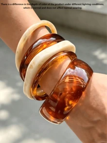 Wide Resin Acrylic Layered Bracelet Set, Amber Thin Round & Volcanic Bracelet Set, Vintage Maillard Commuter Style Accessory, Featuring Caramel Tie Dye Texture And Cream White Contrast Design, Suitable For Daily Wear, Vacation Travel And French Casual Gatherings, Can Be Layered To Create Layered Looks, Versatile Fashion Accessory, Ideal Holiday Gift For Friends And Family - Multicolor a - View 8