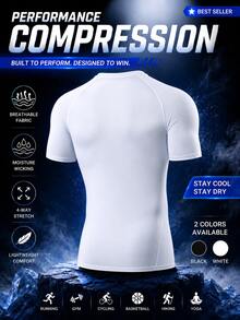 Men's Tight Fit High Elasticity Muscle Short Sleeve T-Shirt - Tight Fit Short Sleeve Top, Machine Washable Solid Color Sports Fitness & Casual Wear, Suitable For Summer | Fashion Design | Lightweight Polyester Elastic Fabric - White - View 2