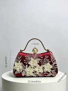 1件復古酒紅色緞面3D刺繡花卉晚宴手拿包，紋理金色金屬手柄，珍珠與水鑽球形鎖扣，新中式風格女款精緻斜挎小包，適合婚紗禮服搭配 - 酒紅色 - 查看 3