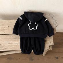 2pcs/Set Unisex Baby Toddler Casual Hooded Zip-Up Rabbit Embroidered Sweatshirt Set, Knitted Fabric, Spring/Autumn - Royal Blue - View 3