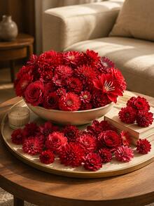 40pcs Red Burgundy Mixed Artificial Flower Heads, Stemless Fake Roses Peonies Lilies & Daisy Flowers For DIY Wedding Bouquets, Wreaths, Garlands, Table Centerpieces, Gift Box, Cake, Mirror, Candle Ring, Party Backdrop And Home Decor Floral Crafts - Red Series - View 3