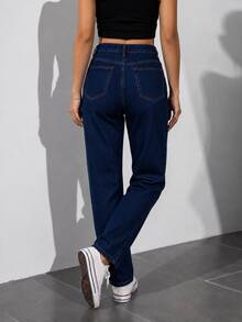 Pantalón Mujer Casual Straight Leg Washed Ripped Raw Hem Tela rígida NO STRETCH Bolsillos Button Zipper Corte Rect Sin Estampado, atemporal uso  Diario - azul oscuro s/d - Ver 2
