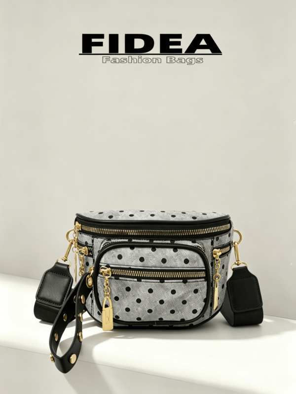 New Versatile Classic Small Polka Dot Waist Bag Crossbody Bag With Multiple Compartments Zipper Storage And Eye-Catching Gold Hardware Chest Bag, Comes With Rivet Wrist Strap And Adjustable Wide Strap, Fresh And Sweet Style Shoulder Bag, Lightweight And Versatile Women's Bag For Shopping And Travel
