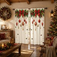 2PCS Red‑Gold Christmas Ornaments And Bows Print Light Sheer Curtains, Semi-Sheer For Privacy Protection. Easy Rod Pocket Installation,Fade-Resistant After Washing, Lightweight And Washable. Ideal For Home, Room And Kitchen Decor & Space Dividers. - Multicolor - View 6