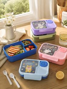 1pc Cute Cartoon Divided Lunch Box With Utensils And Sauce Container, Leak-Proof Food Storage, Portable Office Commute Picnic Meal Prep Box, Back To School Lunch Box, Birthday Housewarming Gift, Birthday, Back To School - Multicolor - View 1