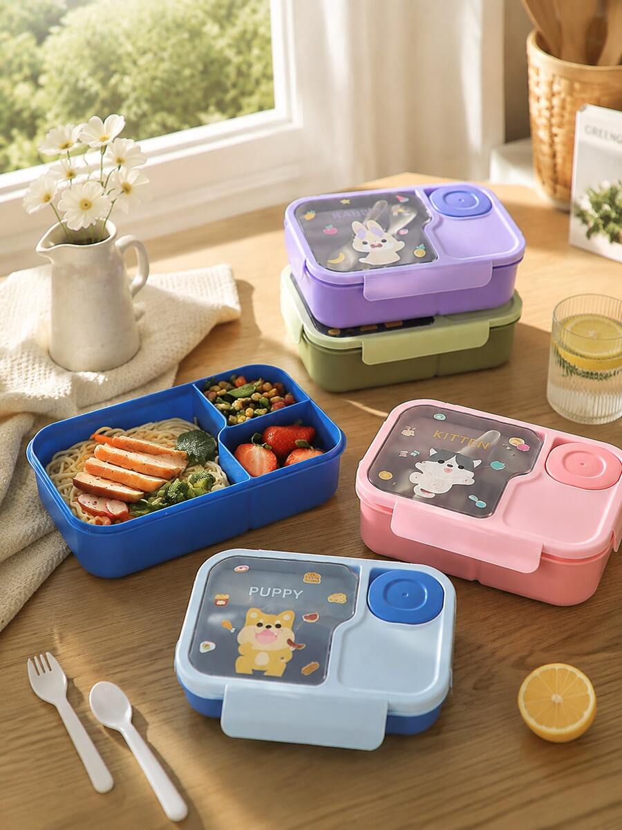 1pc Cute Cartoon Divided Lunch Box With Utensils And Sauce Container, Leak-Proof Food Storage, Portable Office Commute Picnic Meal Prep Box, Back To School Lunch Box, Birthday Housewarming Gift, Birthday, Back To School - Multicolor - View 1