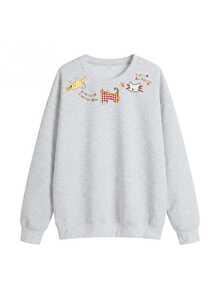 Women's Cute Cartoon Cat & Letter Graphic Sweatshirt, Light Gray, Loose Fit Drop Shoulder Crew Neck Long Sleeve Casual Pullover For Fall/Winter - Gray - View 4