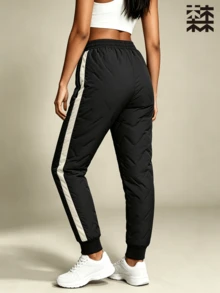 mulinsen Women's Thermal Lined Sweatpants, Side Colorblock Quilted Windproof, Fitness & Daily Wear - Black - View 4