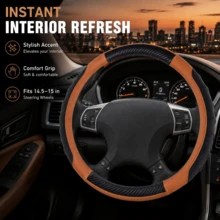 Car Steering Wheel Cover, Carbon Fiber Texture Brown Yellow PU Leather Steering Wheel Protector, Honeycomb Breathable Rubber Anti-Slip Inner Ring, Universal 14.5‑15 Inch Fit Most Cars And SUVs - Multicolor - View 5