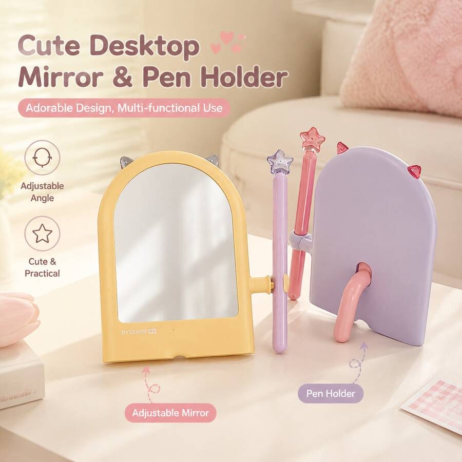 1PC Little Monster Magic Wand Makeup Mirror With Hair Tie Storage, Vanity Mirror For Bedroom, Student Dorm, Desktop - Multicolor - View 1
