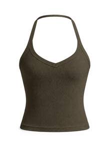 Casual Sexy Backless Halter Neck Top, Spring/Summer - Army Green - View 4