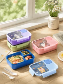 1pc Cute Cartoon Divided Lunch Box With Utensils And Sauce Container, Leak-Proof Food Storage, Portable Office Commute Picnic Meal Prep Box, Back To School Lunch Box, Birthday Housewarming Gift, Birthday, Back To School - Multicolor - View 10