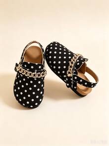 1 Pair Kids Polka Dot Canvas Buckle Half-Slingback Sandals, Adjustable Gold Rhinestone Chain Snap Strap, Anti-Slip Cork Sole, Versatile Casual Shoes For Home And Outdoor, Fashionable Dual-Use, Can Be Worn As Sandals Or Slippers - White - View 2