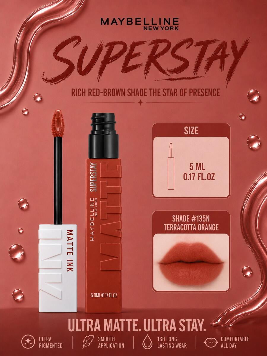 Maybelline 美寶詩 Super Stay 霧面液態唇膏 #135N 5ml，超高顯色度，持久顯色，濃郁霧面妝效，易於勾勒唇形，淡淡香草味，易於塗抹，適合所有膚色
