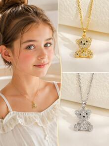 1pc Cute Rhinestone Teddy Bear Pendant Necklace Sparkly Gold Silver Tone Charm Fashion Jewelry For Girls Daily Wear Party Birthday Gift Kawaii - Multicolor - View 2