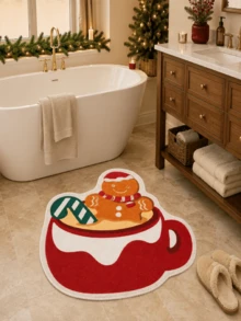 1pc Gingerbread Man Hot Cocoa Cup Velvet Rug, Room Decor, Indoor Door Mat, Living Room Carpet, Kitchen Mat, Bedroom Rug, Bathroom Mat, Washable Carpet, Home Decor, Bedroom Decoration, Non-Slip Wear-Resistant, Noise-Reducing Sound-Absorbing, Skin-Friendly Soft - Red - View 3
