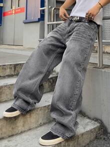 Men Grey Washed Baggy Wide Leg Jeans, Relaxed Loose Fit Casual Street Style Long Denim Trousers - Grey - View 5