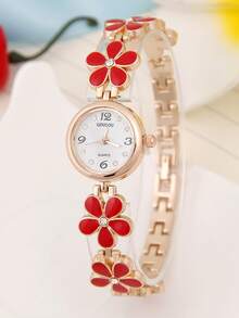 Women's Rose Gold Quartz Watch With Red Flower Bracelet Band, Rhinestone Studded Small Dial Wristwatch, Christmas Birthday Gift For Her - Red - View 2
