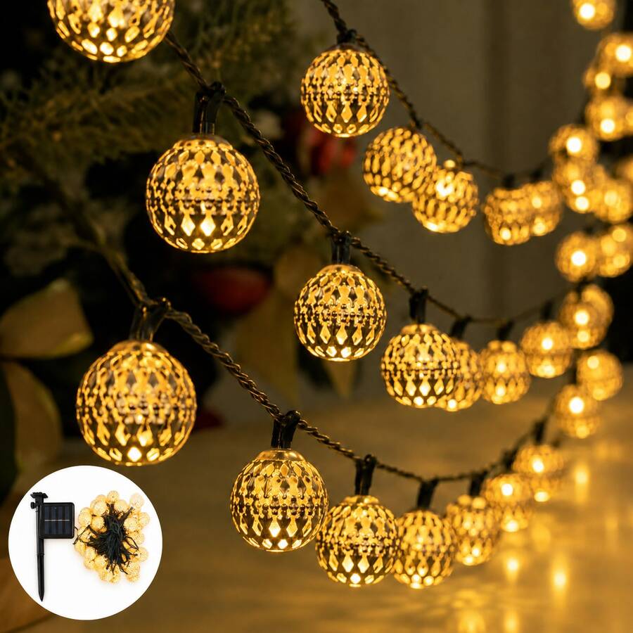 Lampu Hias Luar Ruangan Bertenaga Surya Bentuk Bola Dunia Maroko, Panjang 16,4 kaki (Sekitar 5 meter), 20 Bohlam Bola Logam LED, Cocok untuk Dekorasi Natal, Desain Tahan Air Bertema Luar Angkasa, Baterai Ni-MH 600mAh Terintegrasi, Kontrol Tombol - Bola Dunia Maroko Bertenaga Surya - View 1