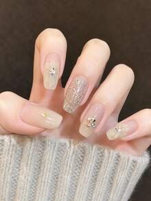 1 Sheet Unique, Minimalist, And Delicate Full-Coverage Nail Stickers. Adorned With Various Floral Designs, Rhinestones, And Sparkling Embellishments, These Stickers Make It Easy For Women And Girls To Create Beautiful Manicures. - Apricot - View 3
